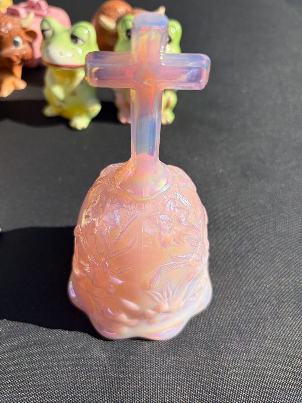 Pink FENTON Iridescent Glass Cross Bell - Home Art Decorative Bell